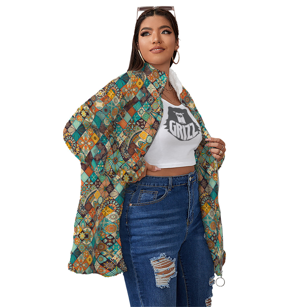Bohemian Mandala Floral Vintage Print Pattern Women's Sherpa Jacket-grizzshop