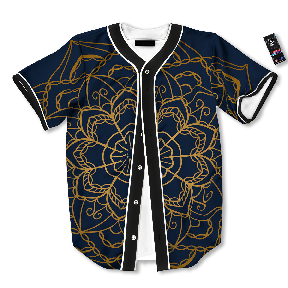 Bohemian Mandala Gold And Blue Print Baseball Jersey-grizzshop
