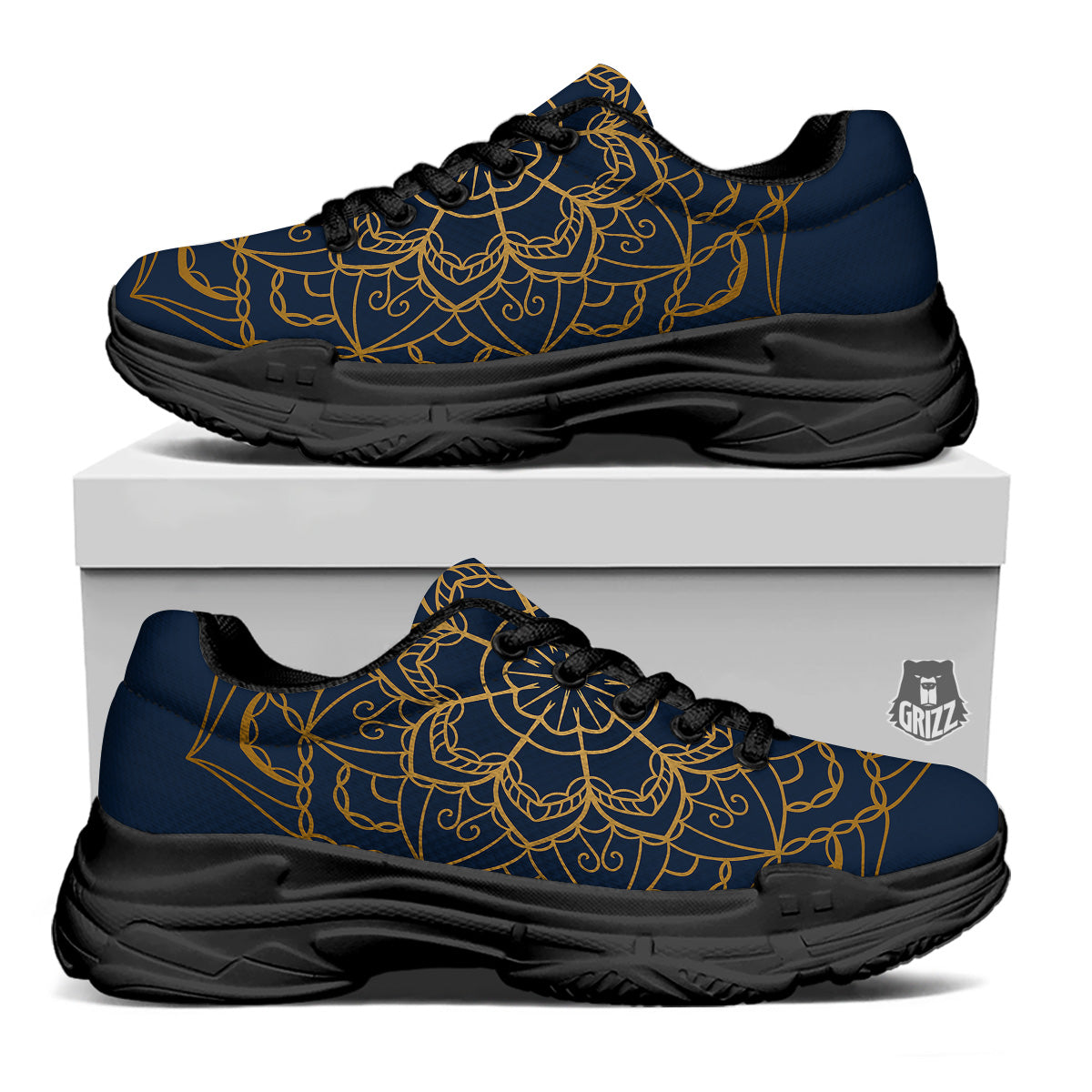 Bohemian Mandala Gold And Blue Print Black Chunky Shoes-grizzshop