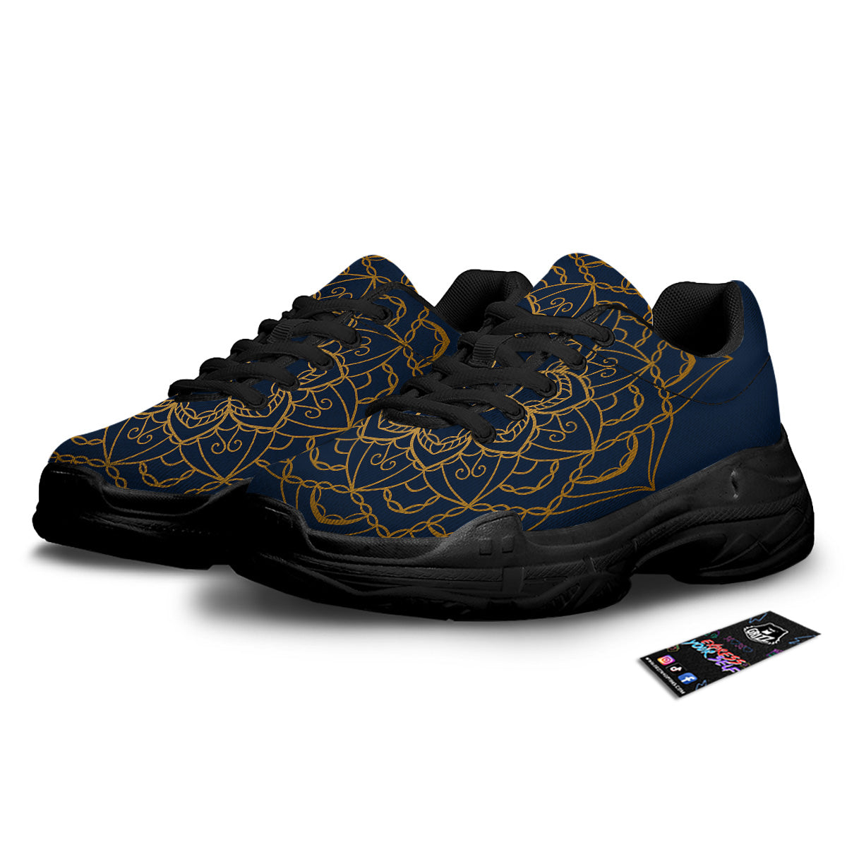 Bohemian Mandala Gold And Blue Print Black Chunky Shoes-grizzshop