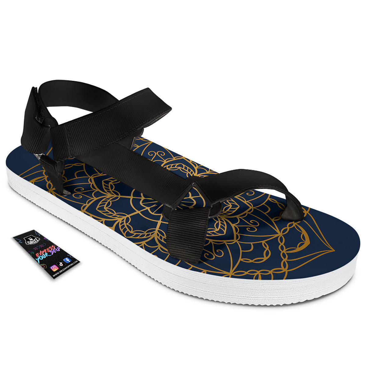 Bohemian Mandala Gold And Blue Print Black Open Toe Sandals-grizzshop