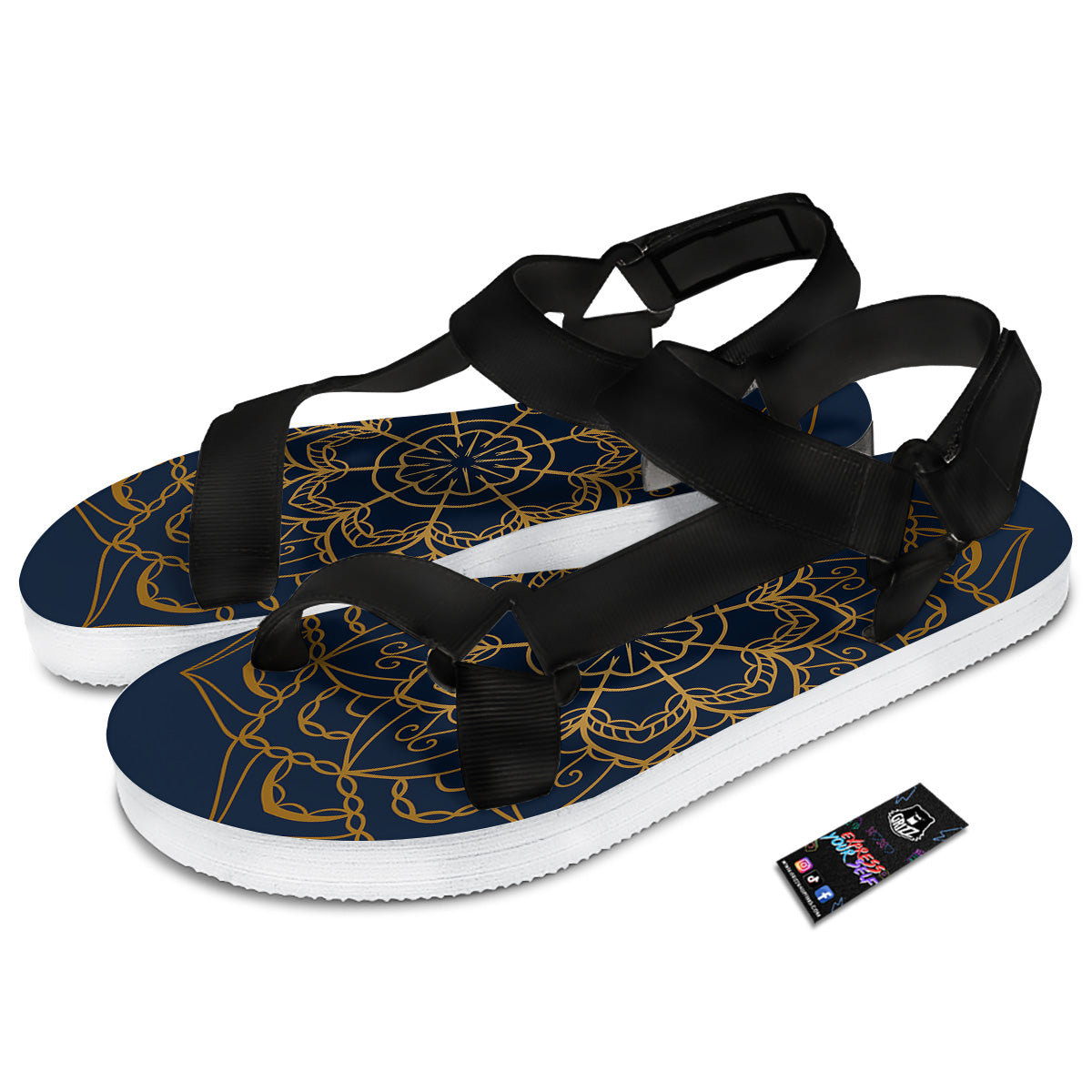 Bohemian Mandala Gold And Blue Print Black Open Toe Sandals-grizzshop
