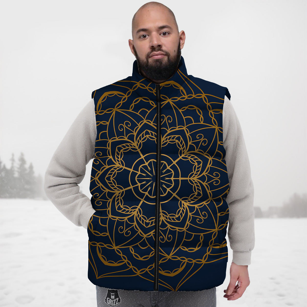Bohemian Mandala Gold And Blue Print Down Vest