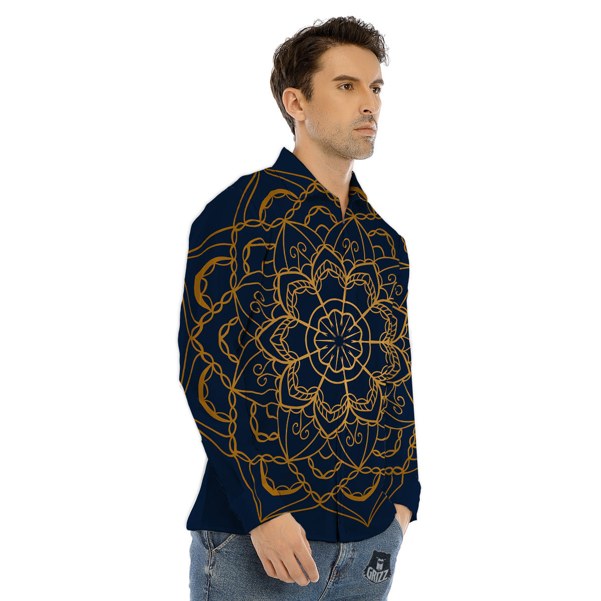 Bohemian Mandala Gold And Blue Print Men's Dress Shirts-grizzshop