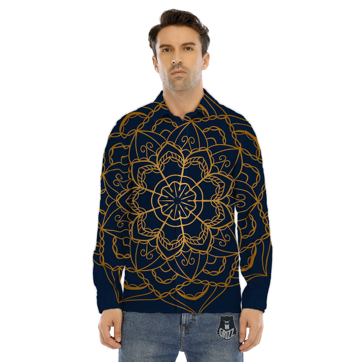 Bohemian Mandala Gold And Blue Print Men's Dress Shirts-grizzshop