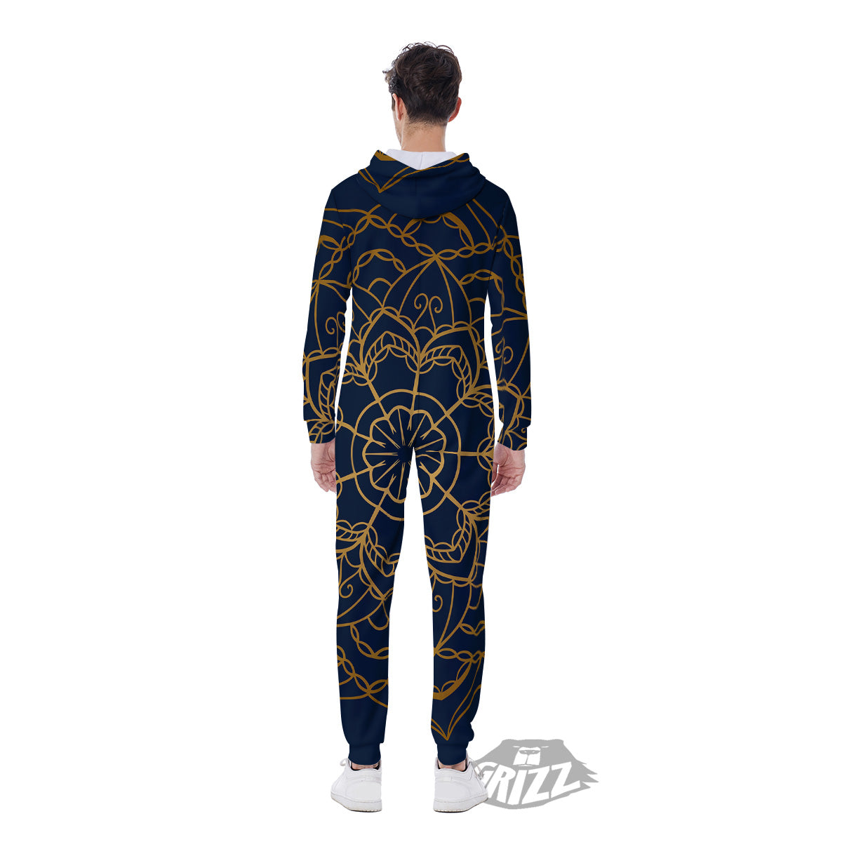 Bohemian Mandala Gold And Blue Print Men's Jumpsuit-grizzshop