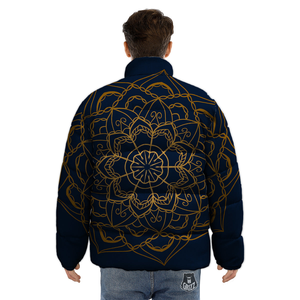 Bohemian Mandala Gold And Blue Print Puffer Jacket-grizzshop