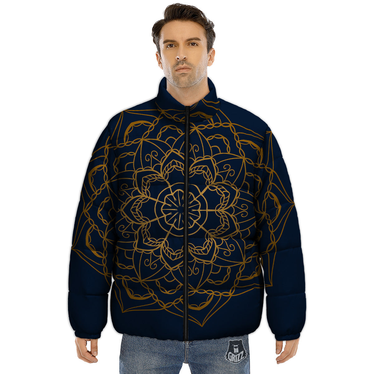 Bohemian Mandala Gold And Blue Print Puffer Jacket-grizzshop