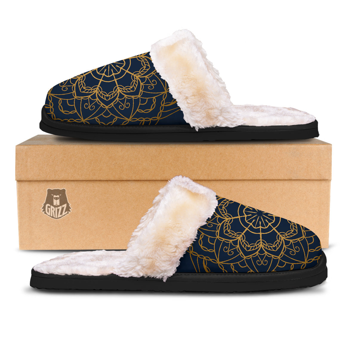 Bohemian Mandala Gold And Blue Print Slippers-grizzshop