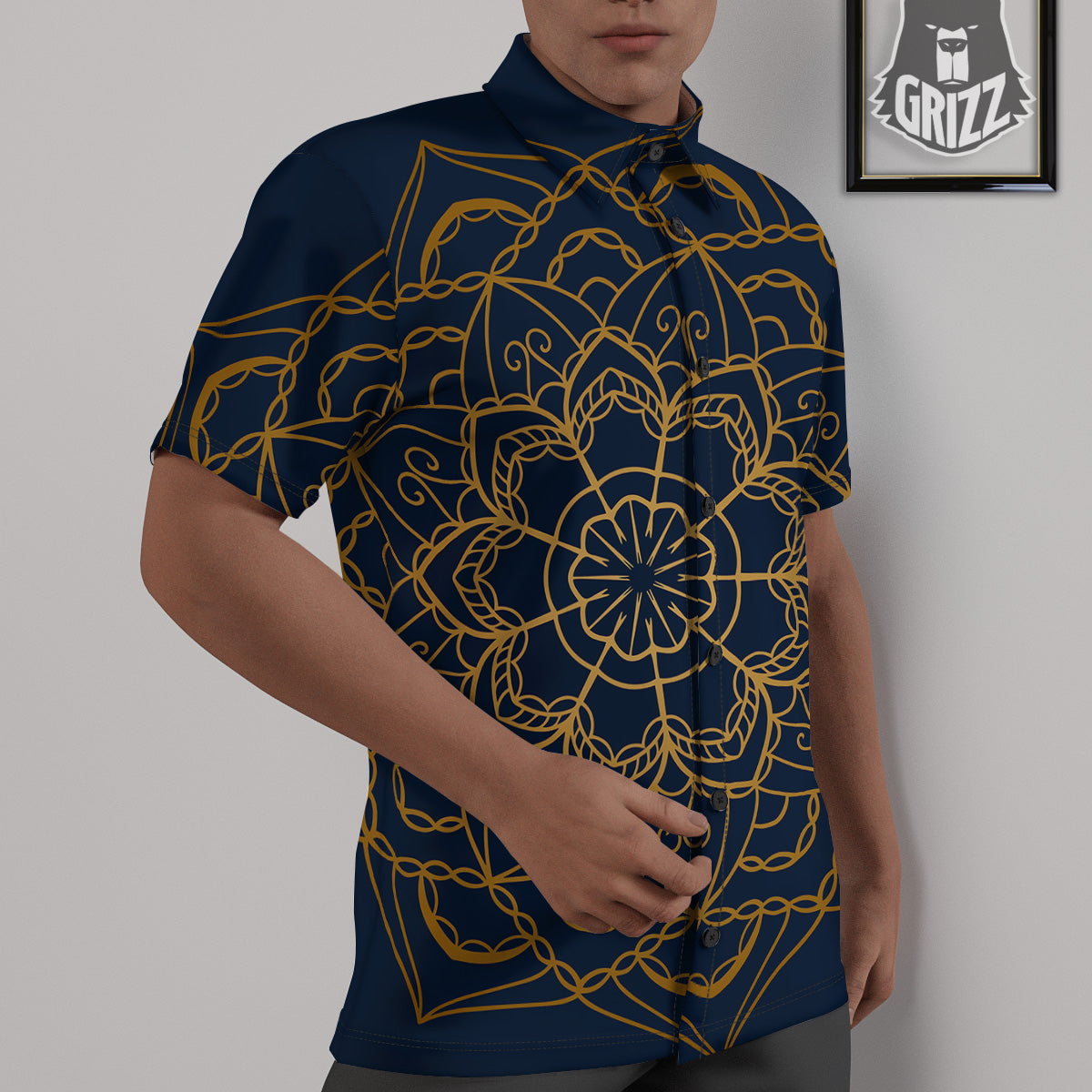 Bohemian Mandala Gold And Blue Print Untucked Shirts-grizzshop