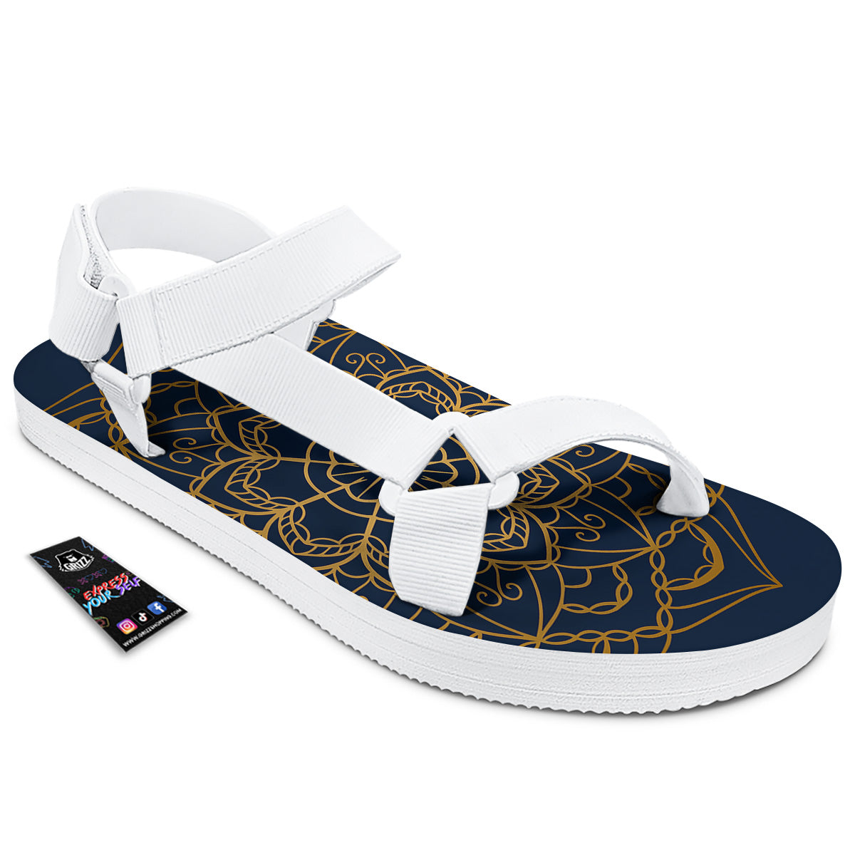 Bohemian Mandala Gold And Blue Print White Open Toe Sandals-grizzshop