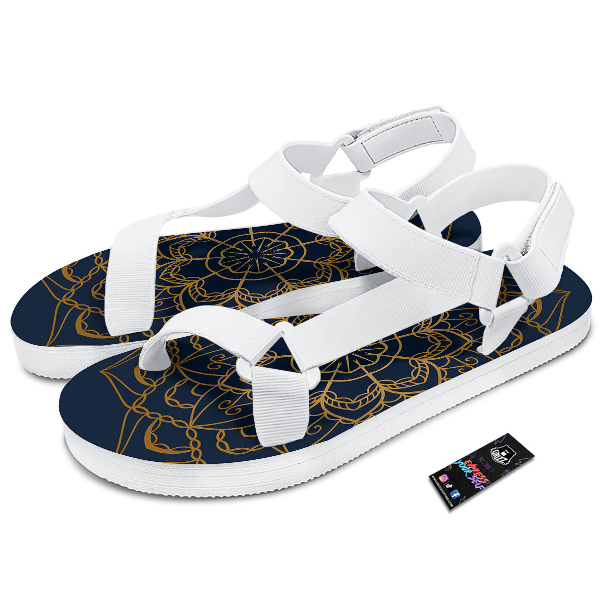 Bohemian Mandala Gold And Blue Print White Open Toe Sandals-grizzshop