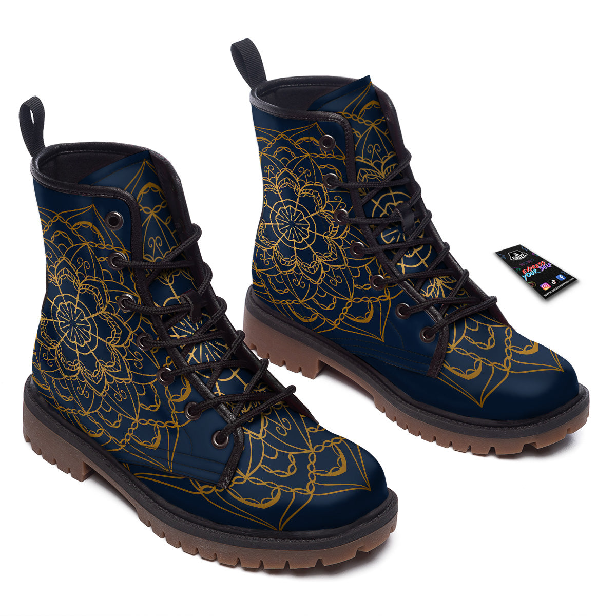 Bohemian Mandala Gold And Blue Print Work Boots-grizzshop