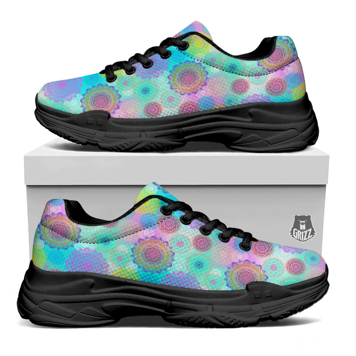 Bohemian Mandala Pastel Print Pattern Black Chunky Shoes-grizzshop
