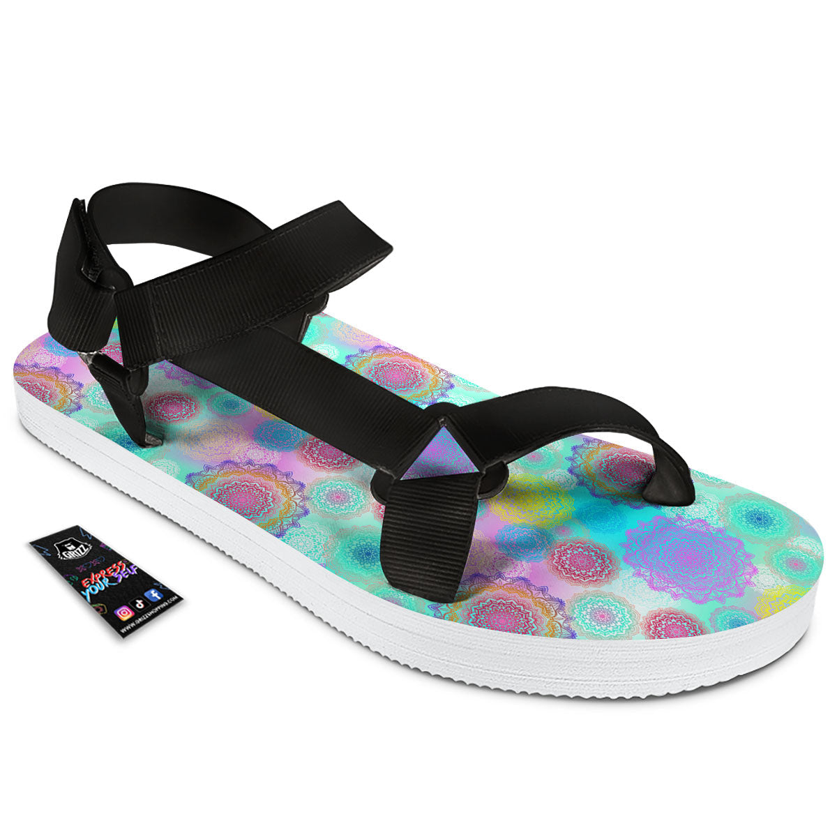 Bohemian Mandala Pastel Print Pattern Black Open Toe Sandals-grizzshop
