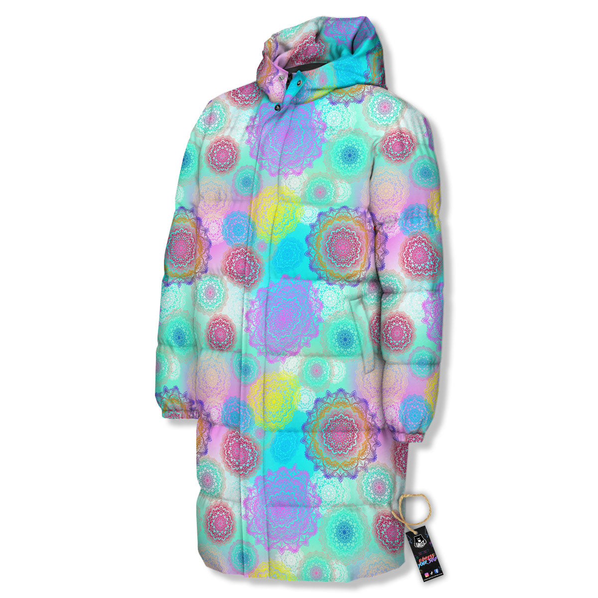 Bohemian Mandala Pastel Print Pattern Long Down Jacket-grizzshop