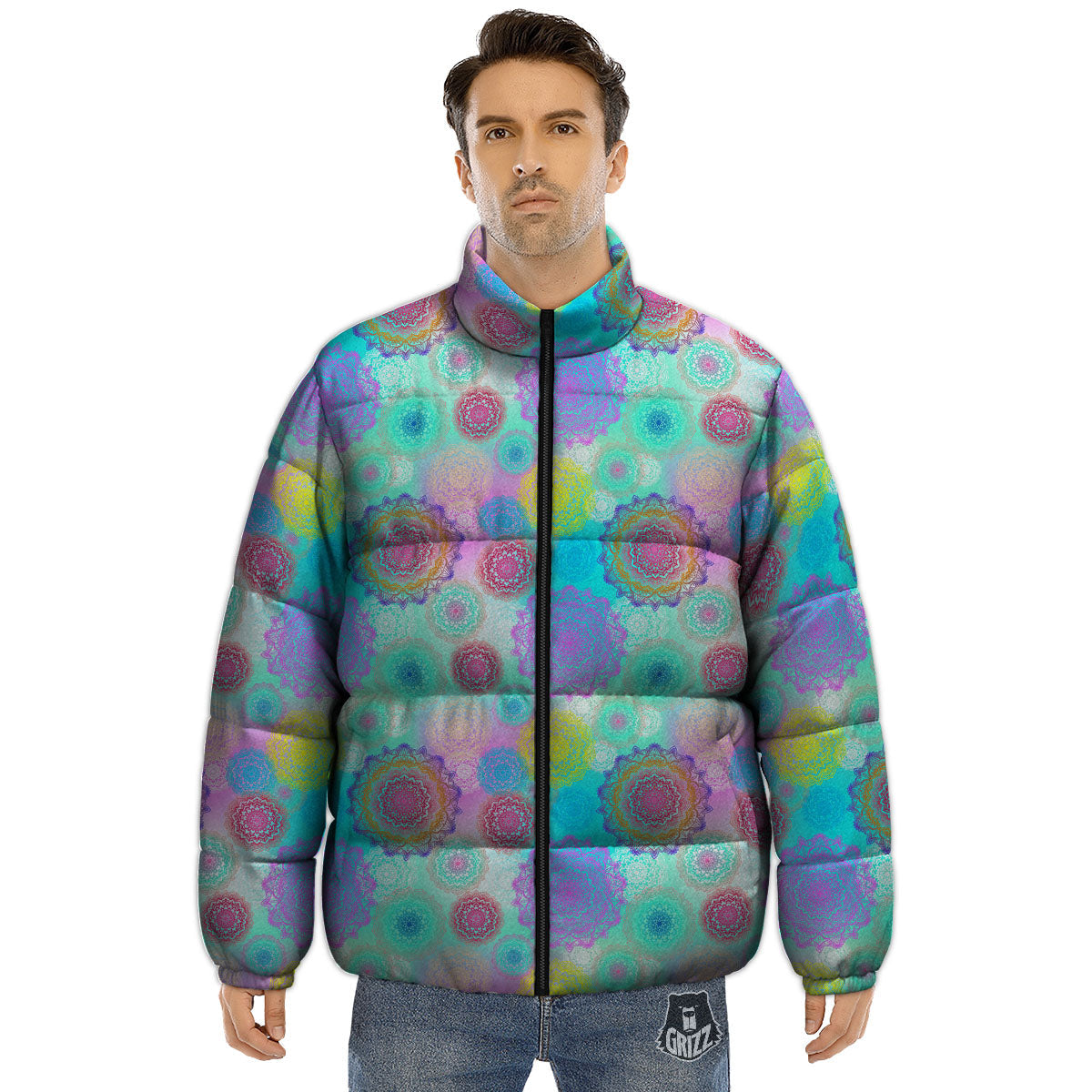 Bohemian Mandala Pastel Print Pattern Puffer Jacket-grizzshop