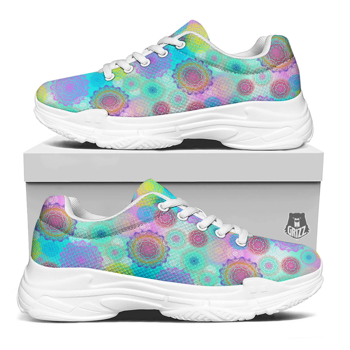 Bohemian Mandala Pastel Print Pattern White Chunky Shoes-grizzshop