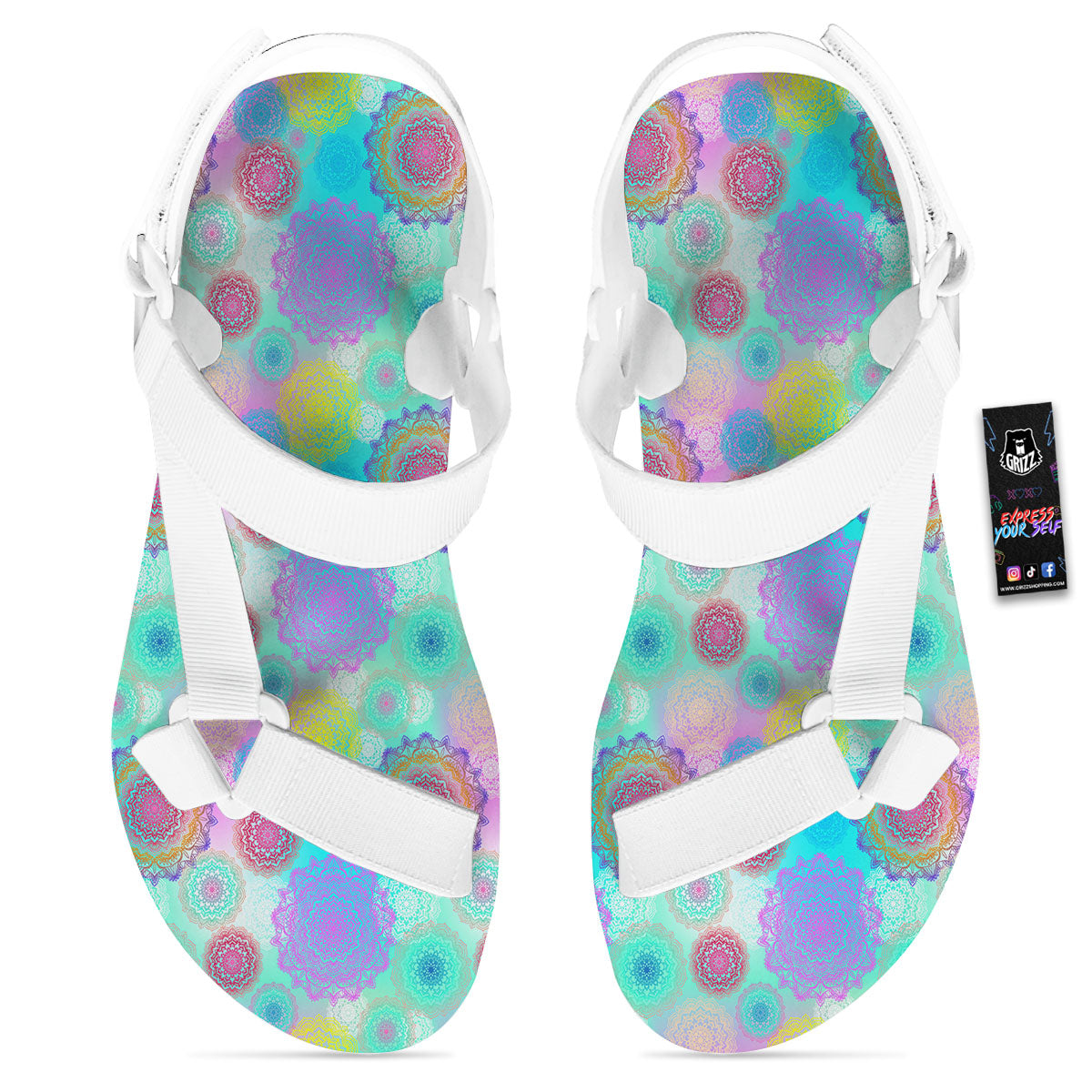 Bohemian Mandala Pastel Print Pattern White Open Toe Sandals-grizzshop