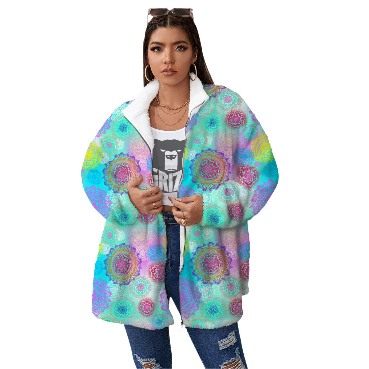 Bohemian Mandala Pastel Print Pattern Women's Sherpa Jacket-grizzshop