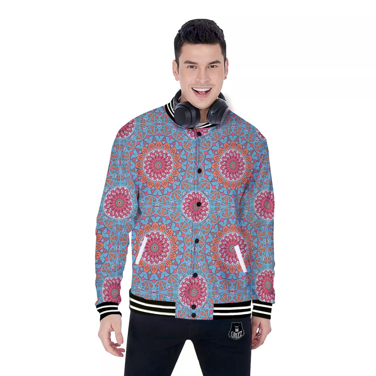 Bohemian Mandala Pink And Teal Print Pattern Baseball Jacket-grizzshop