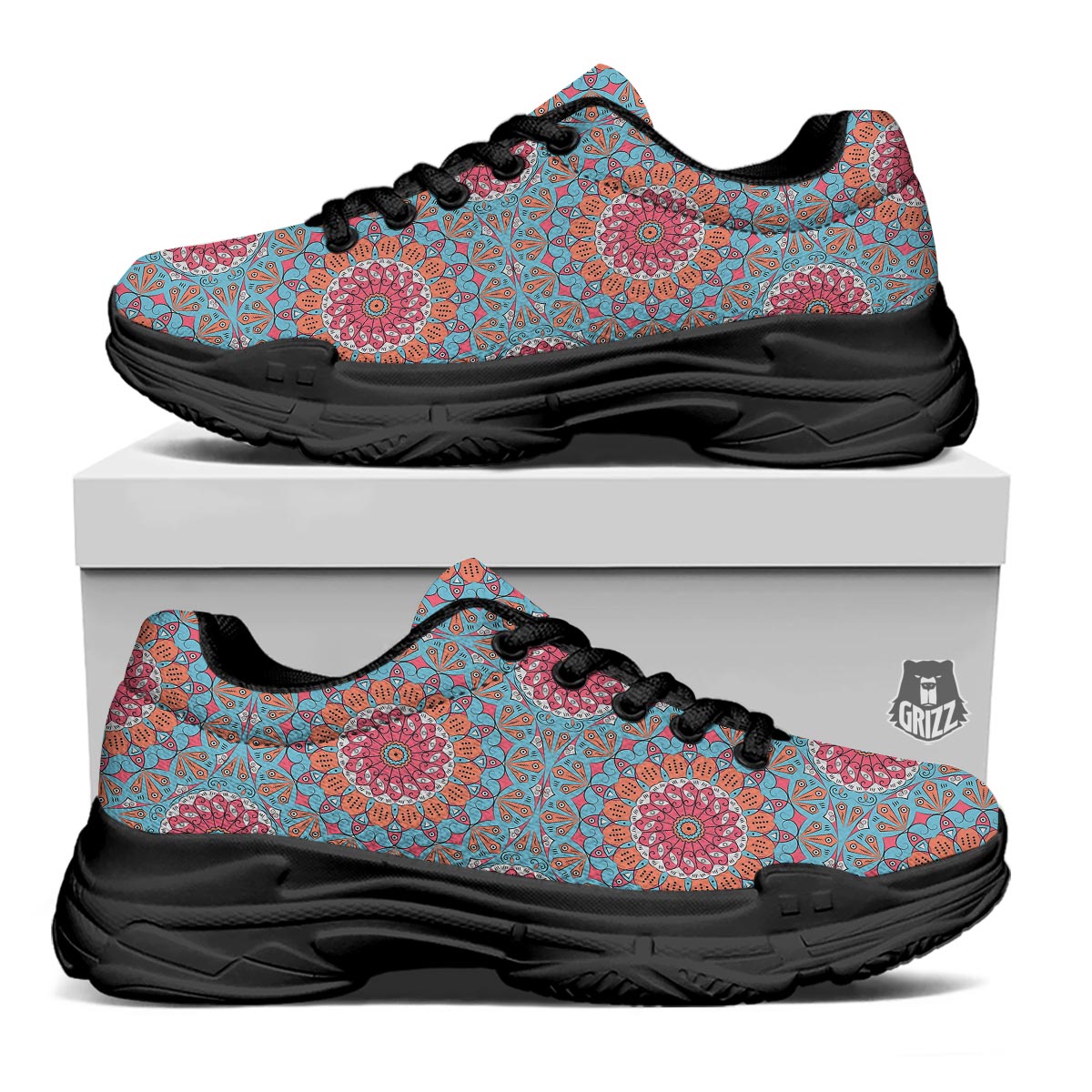 Bohemian Mandala Pink And Teal Print Pattern Black Chunky Shoes-grizzshop