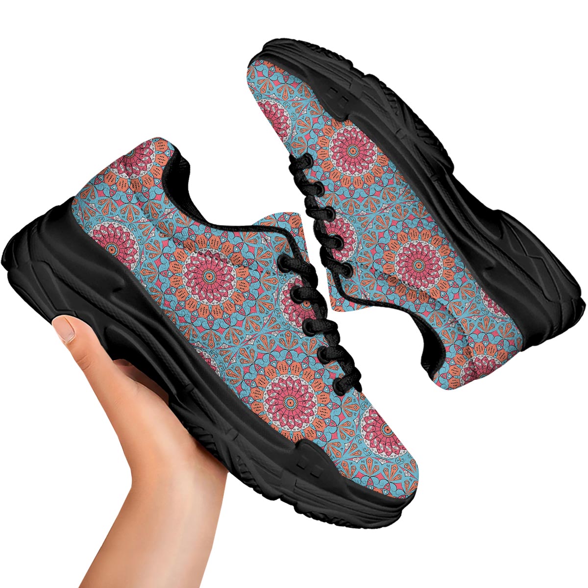 Bohemian Mandala Pink And Teal Print Pattern Black Chunky Shoes-grizzshop