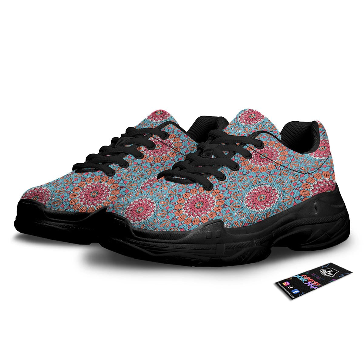 Bohemian Mandala Pink And Teal Print Pattern Black Chunky Shoes-grizzshop