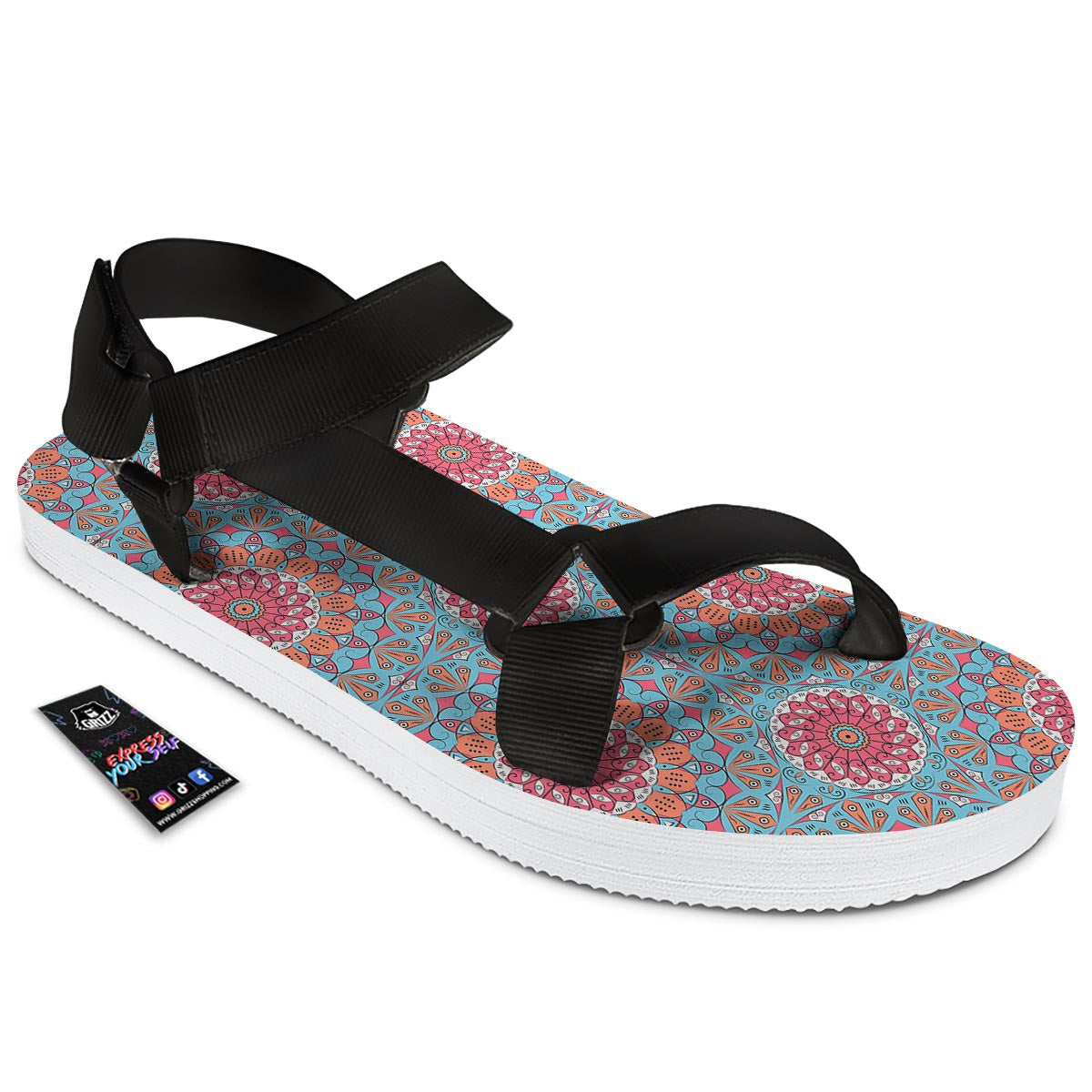 Bohemian Mandala Pink And Teal Print Pattern Black Open Toe Sandals-grizzshop