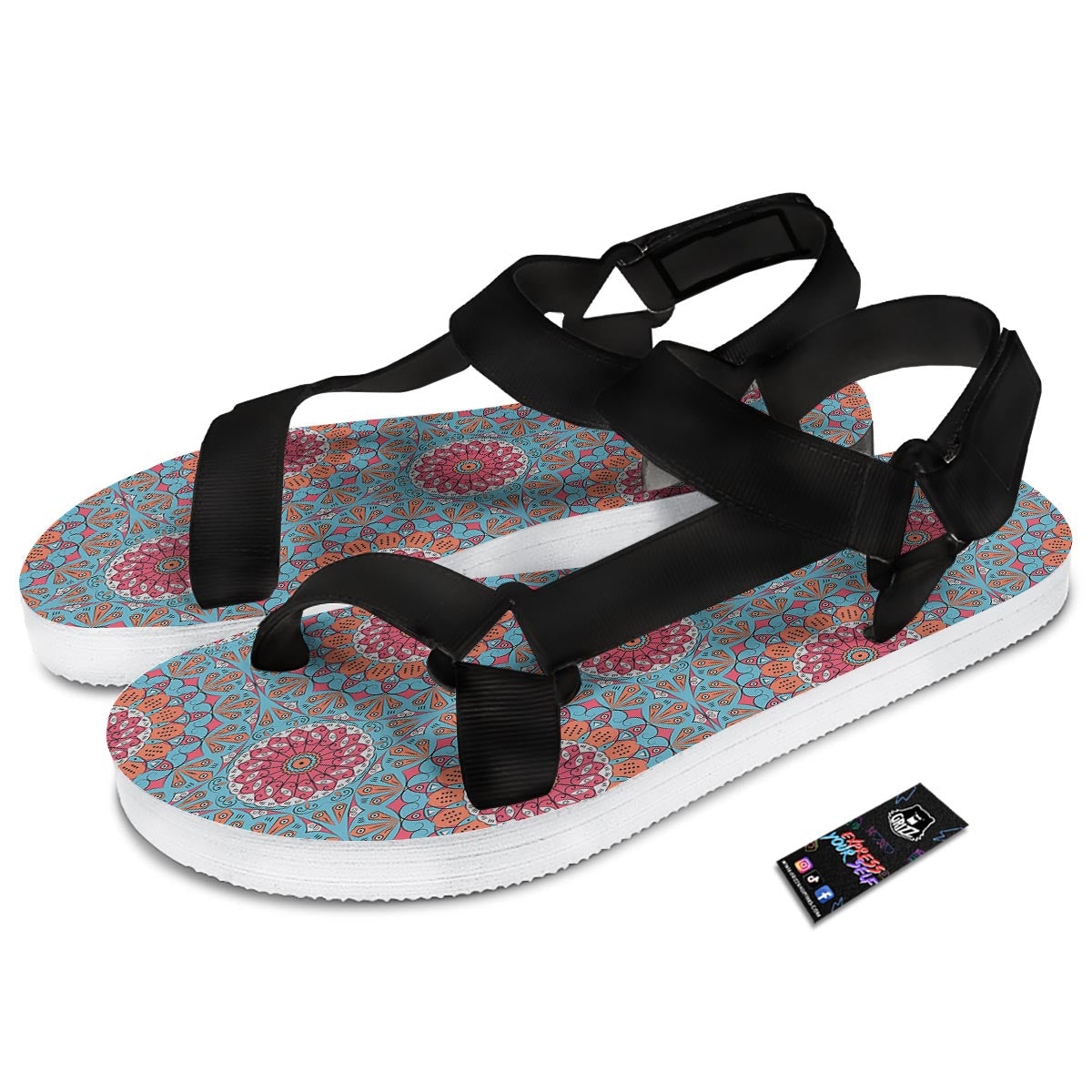 Bohemian Mandala Pink And Teal Print Pattern Black Open Toe Sandals-grizzshop