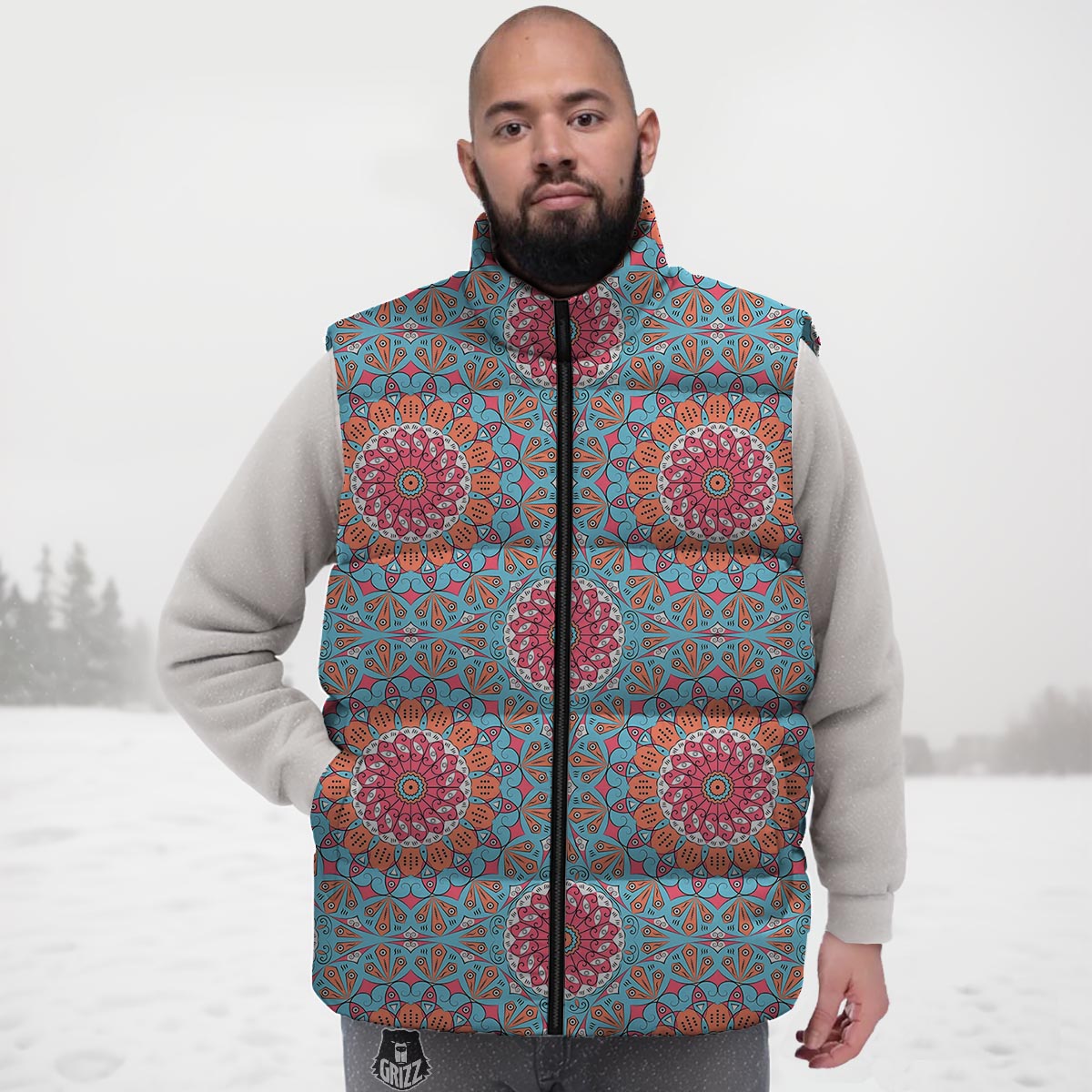 Bohemian Mandala Pink And Teal Print Pattern Down Vest
