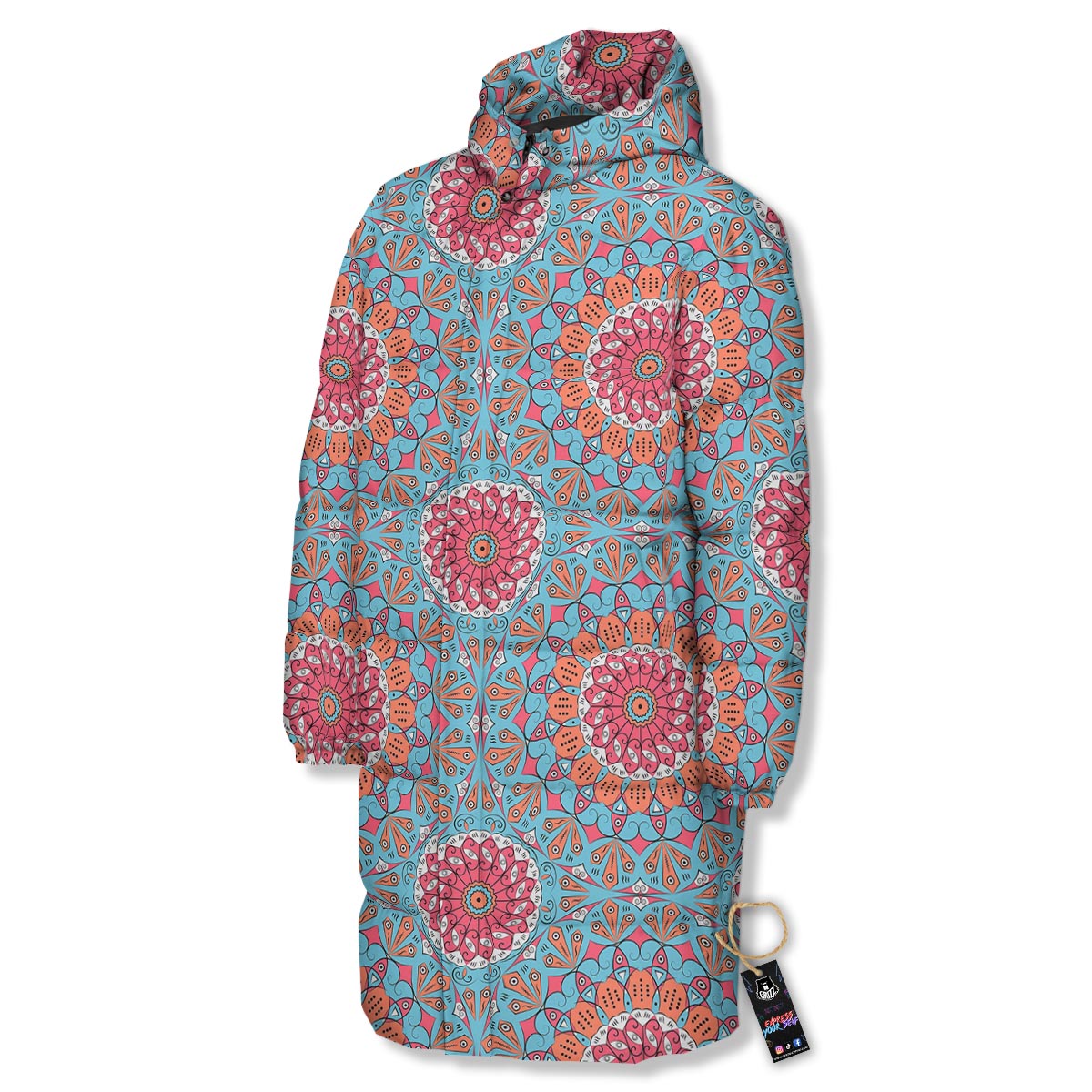 Bohemian Mandala Pink And Teal Print Pattern Long Down Jacket-grizzshop