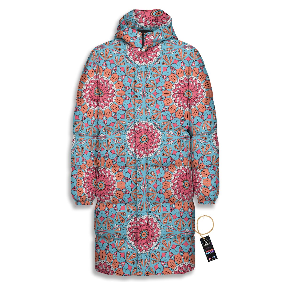 Bohemian Mandala Pink And Teal Print Pattern Long Down Jacket-grizzshop