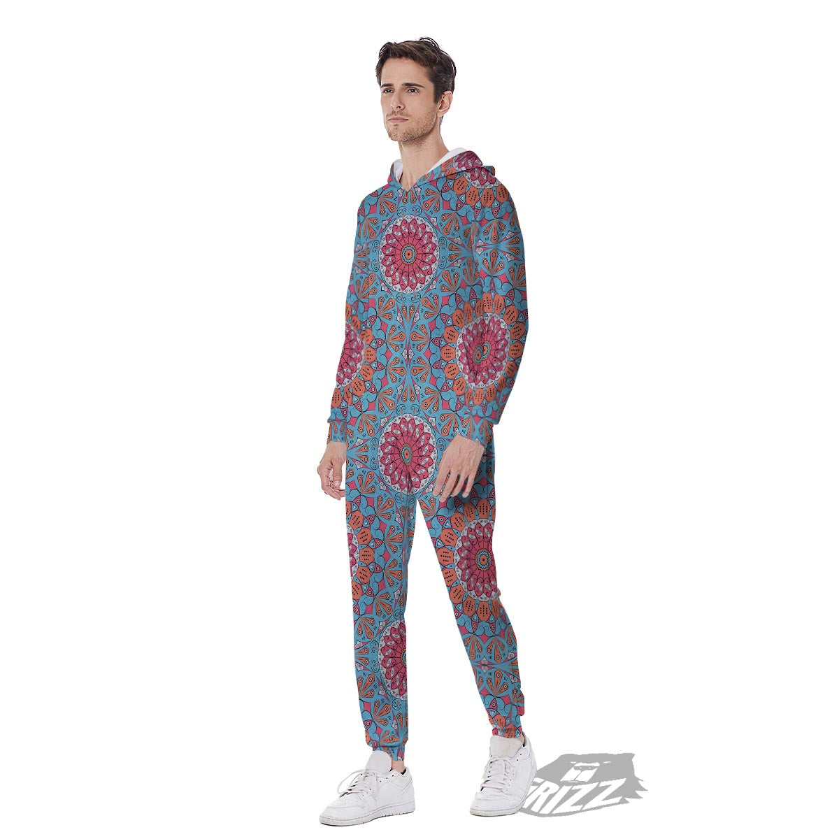 Bohemian Mandala Pink And Teal Print Pattern Men's Jumpsuit-grizzshop