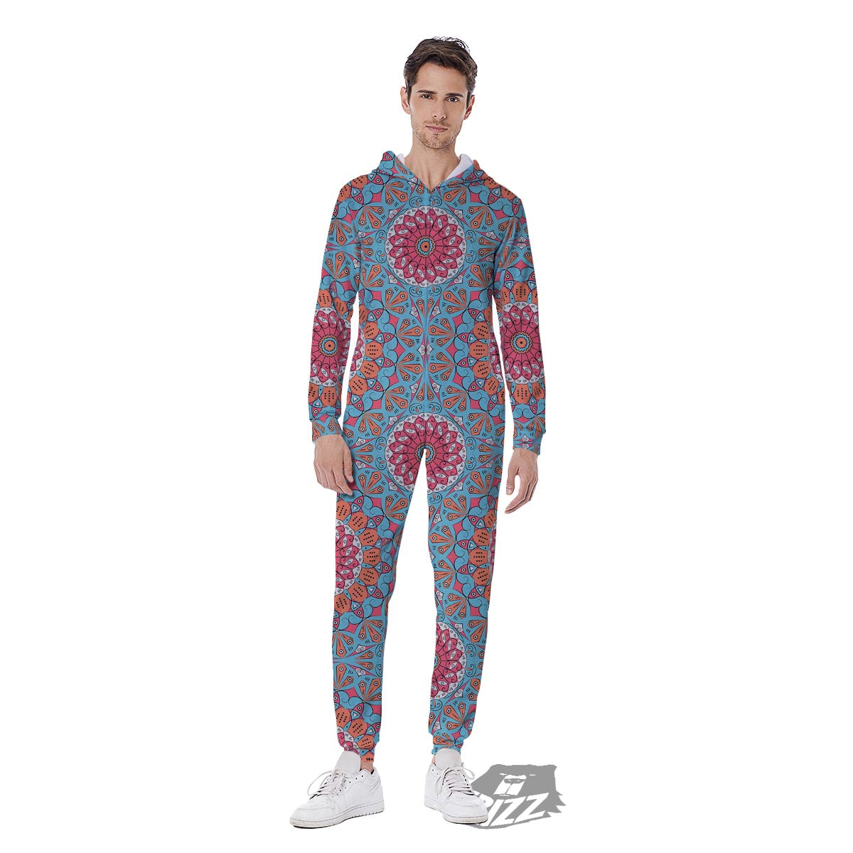 Bohemian Mandala Pink And Teal Print Pattern Men's Jumpsuit-grizzshop