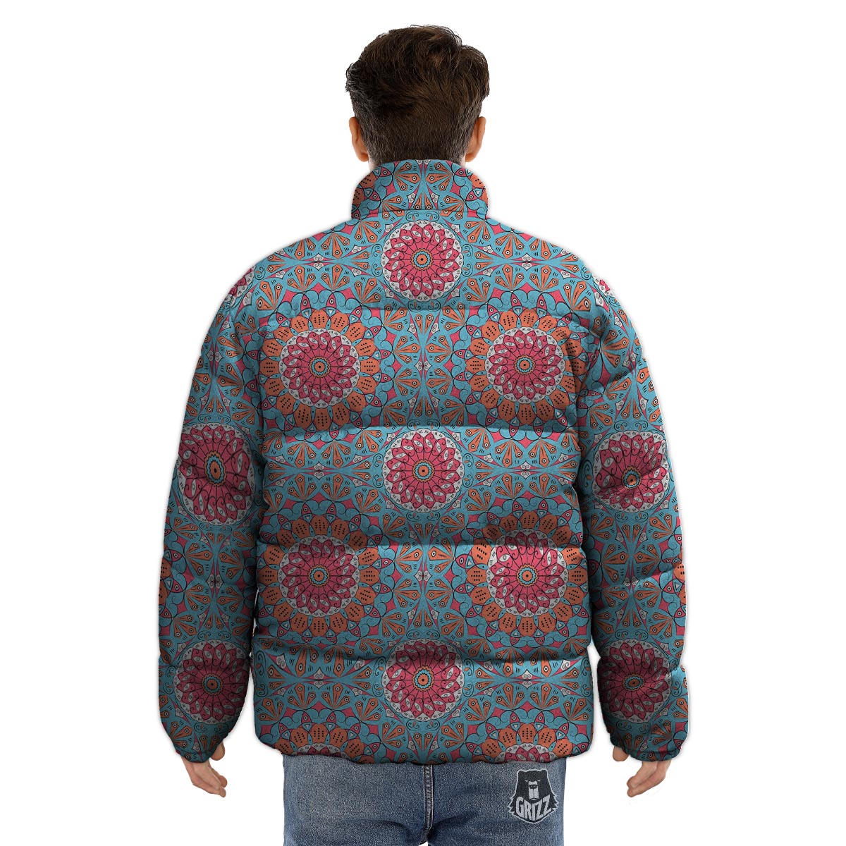 Bohemian Mandala Pink And Teal Print Pattern Puffer Jacket-grizzshop