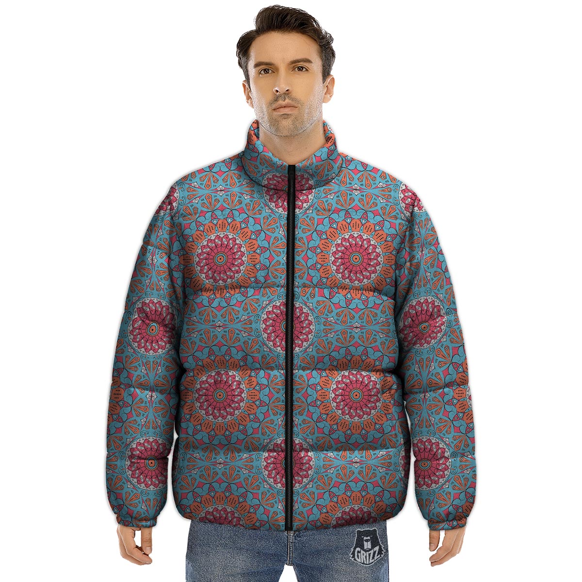 Bohemian Mandala Pink And Teal Print Pattern Puffer Jacket-grizzshop