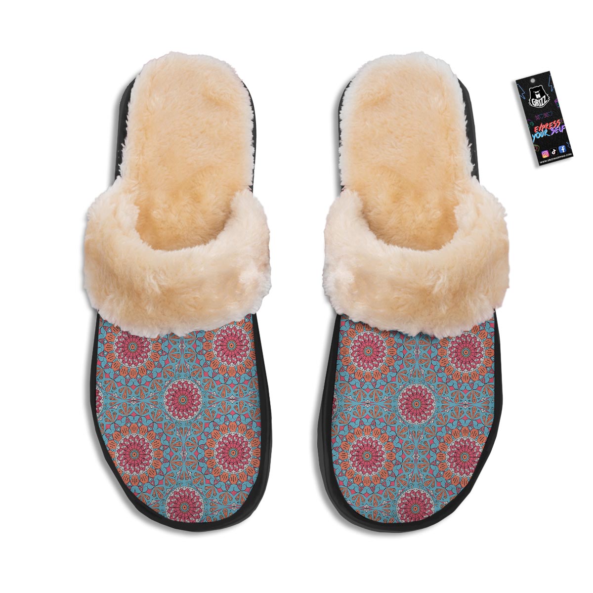 Bohemian Mandala Pink And Teal Print Pattern Slippers-grizzshop
