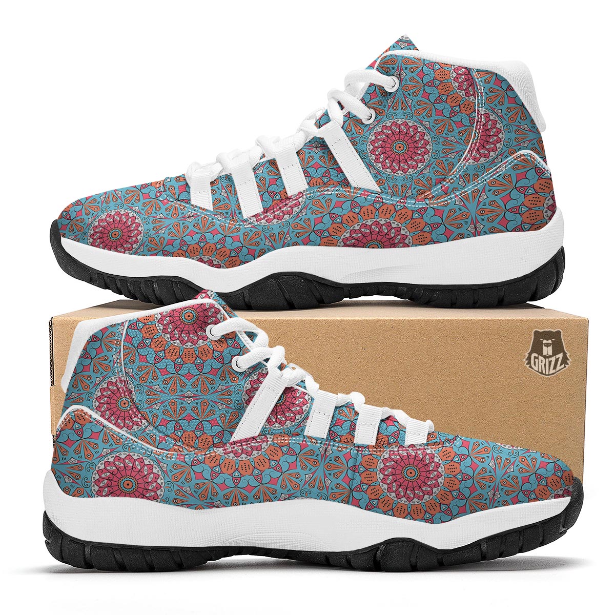 Bohemian Mandala Pink And Teal Print Pattern White Bball Shoes-grizzshop