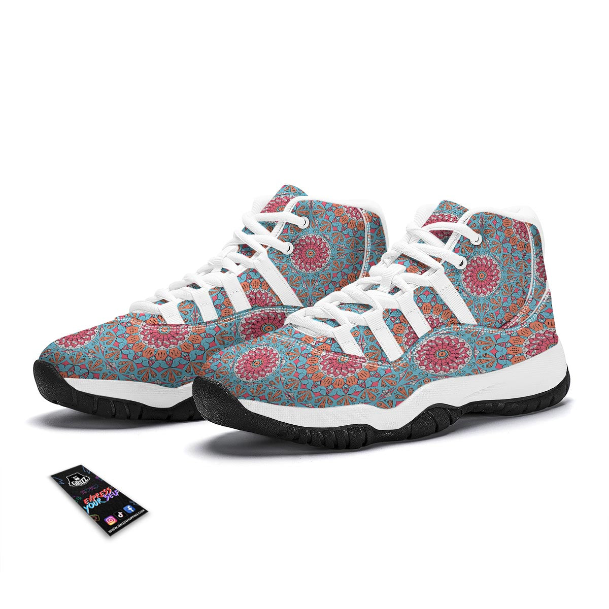 Bohemian Mandala Pink And Teal Print Pattern White Bball Shoes-grizzshop