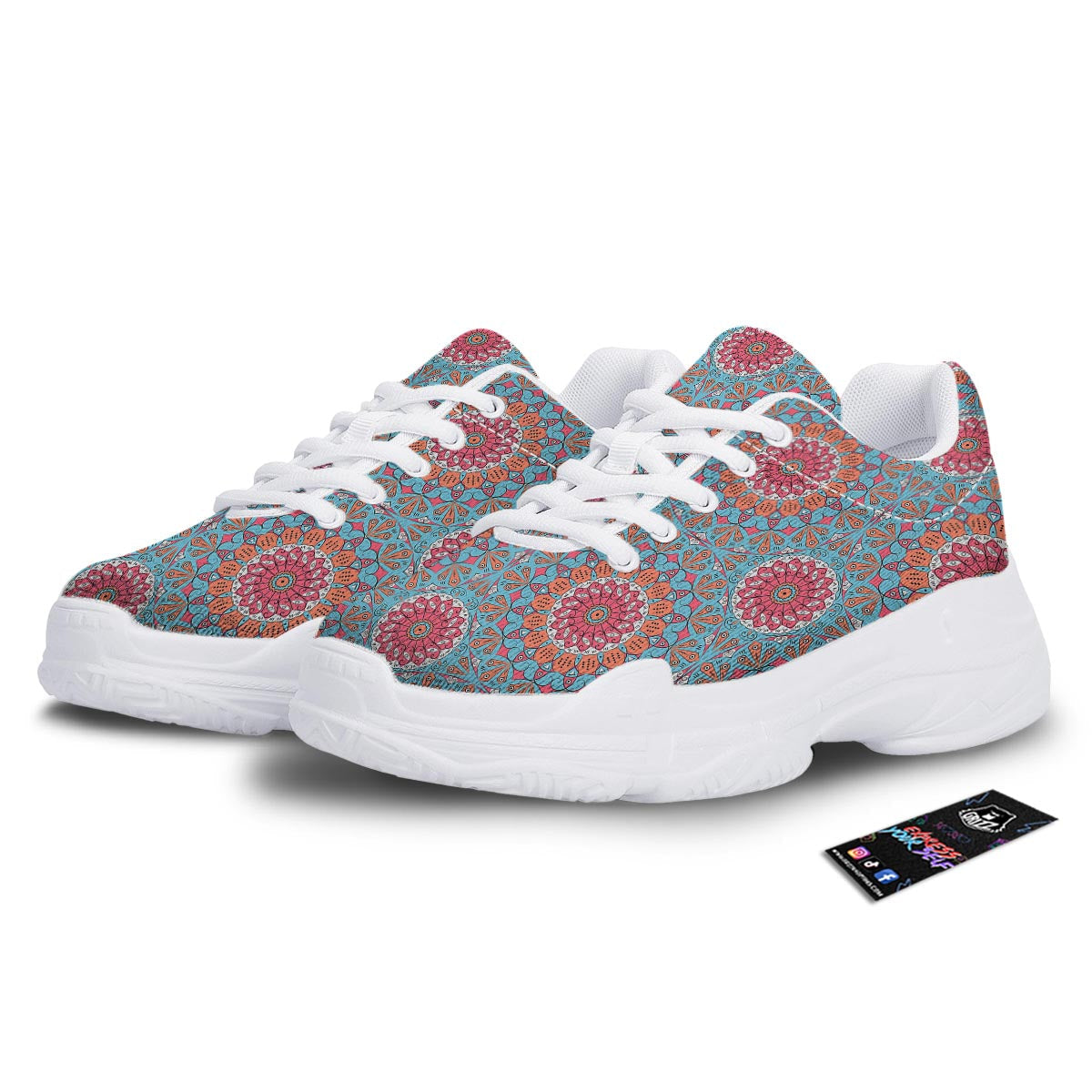 Bohemian Mandala Pink And Teal Print Pattern White Chunky Shoes-grizzshop