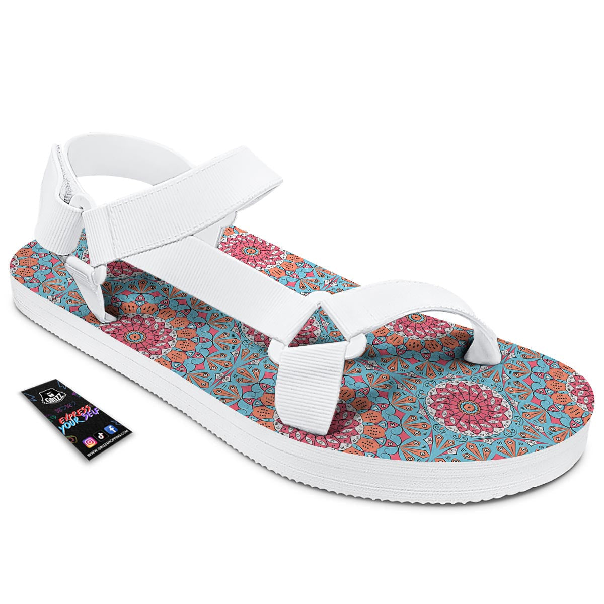 Bohemian Mandala Pink And Teal Print Pattern White Open Toe Sandals-grizzshop