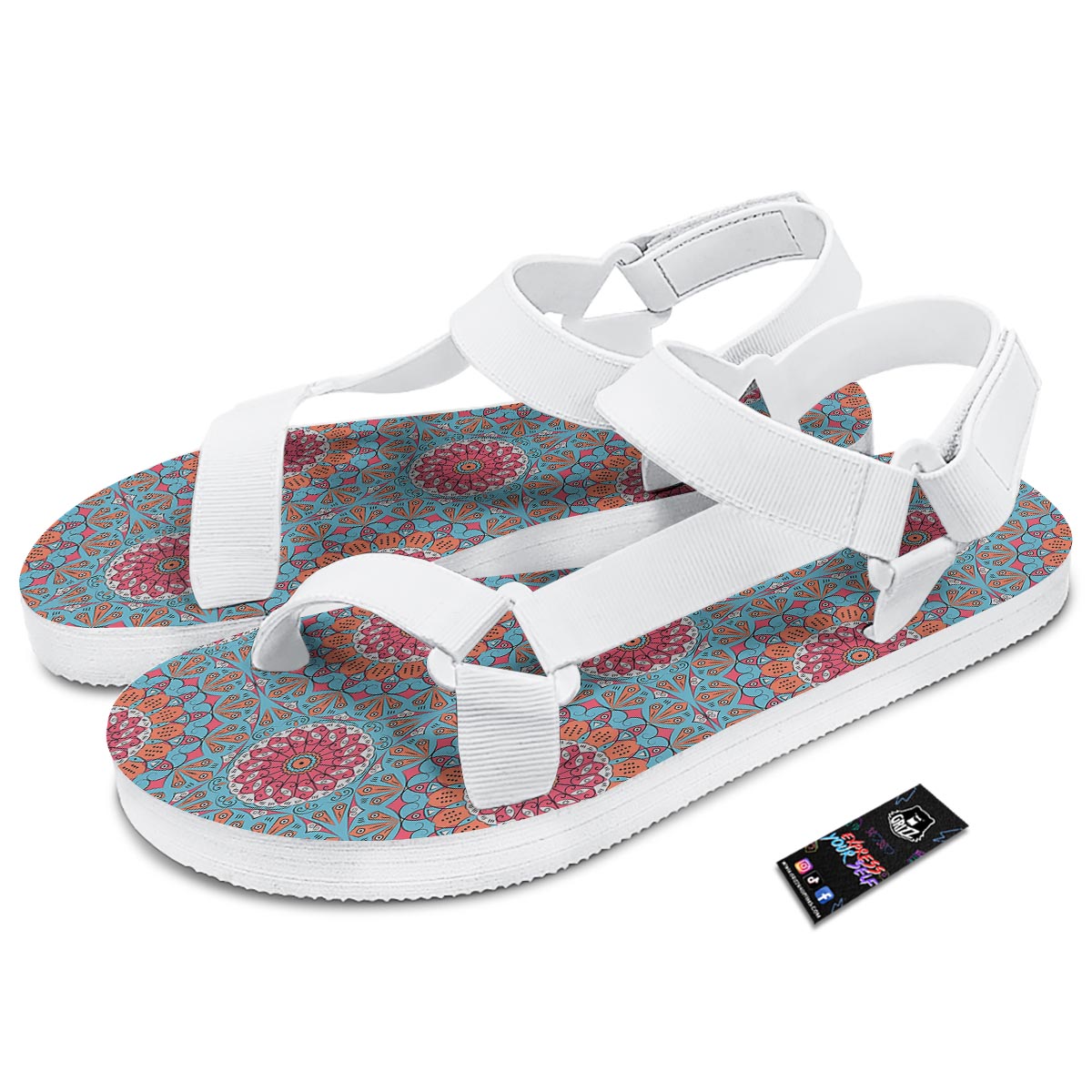Bohemian Mandala Pink And Teal Print Pattern White Open Toe Sandals-grizzshop