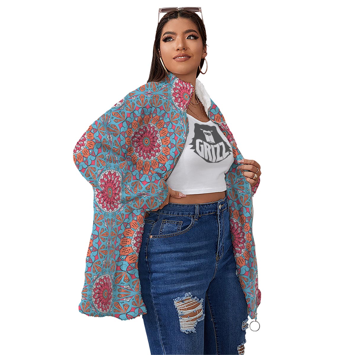 Bohemian Mandala Pink And Teal Print Pattern Women's Sherpa Jacket-grizzshop