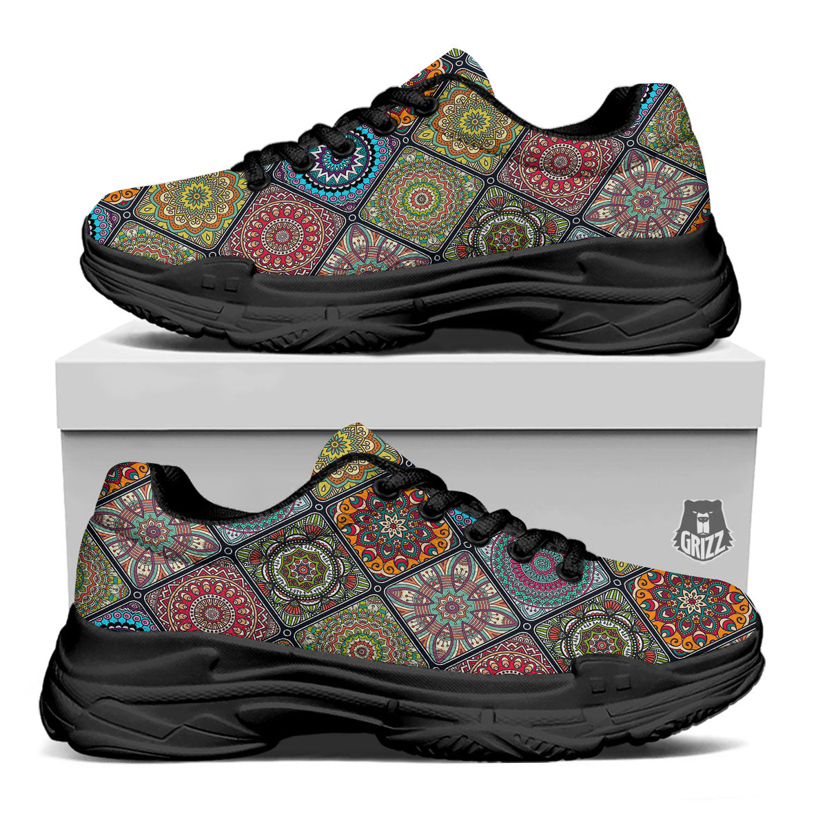 Bohemian Mandala Retro Print Pattern Black Chunky Shoes-grizzshop