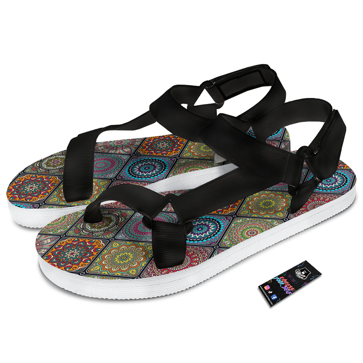Bohemian Mandala Retro Print Pattern Black Open Toe Sandals-grizzshop