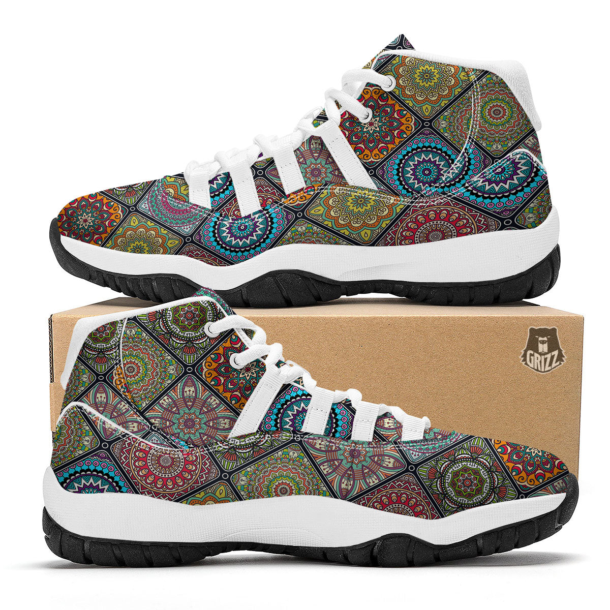 Bohemian Mandala Retro Print Pattern White Bball Shoes-grizzshop