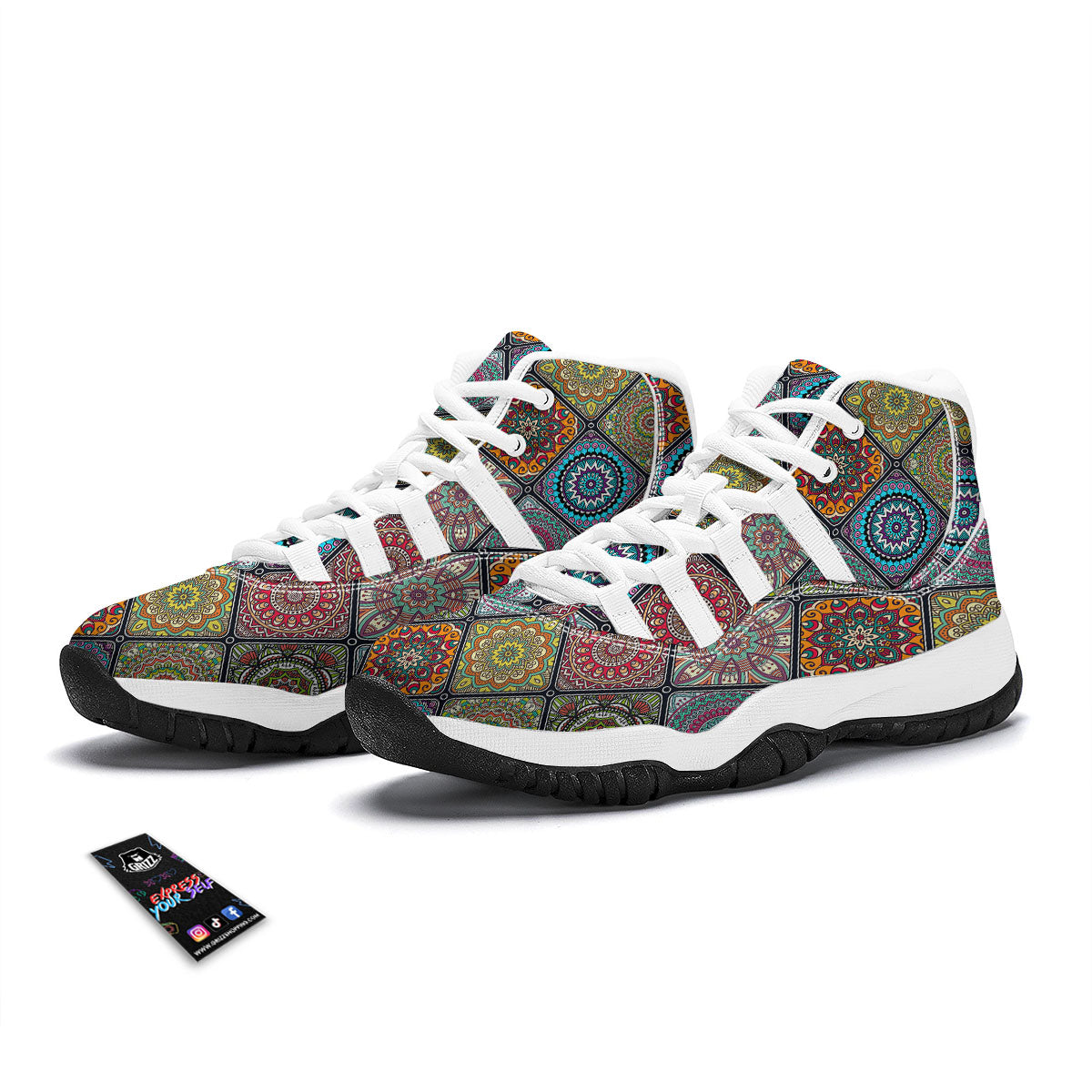 Bohemian Mandala Retro Print Pattern White Bball Shoes-grizzshop