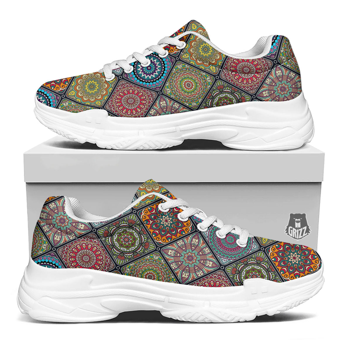 Bohemian Mandala Retro Print Pattern White Chunky Shoes-grizzshop