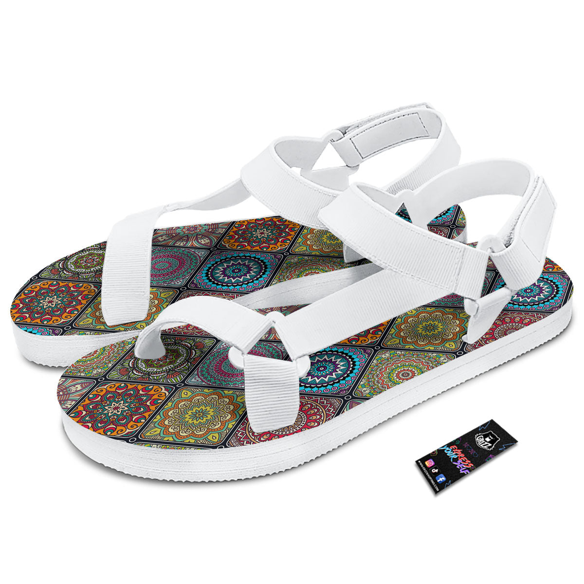 Bohemian Mandala Retro Print Pattern White Open Toe Sandals-grizzshop